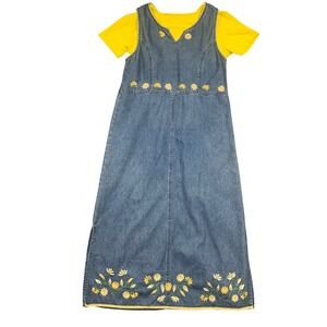 Vintage Denim Jumper Dress Set Yellow Shirt Daisy Embroidery PS S